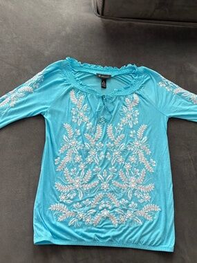 Blue Turquoise INC International Concepts Sz M Blouse Embroidered Top NWT